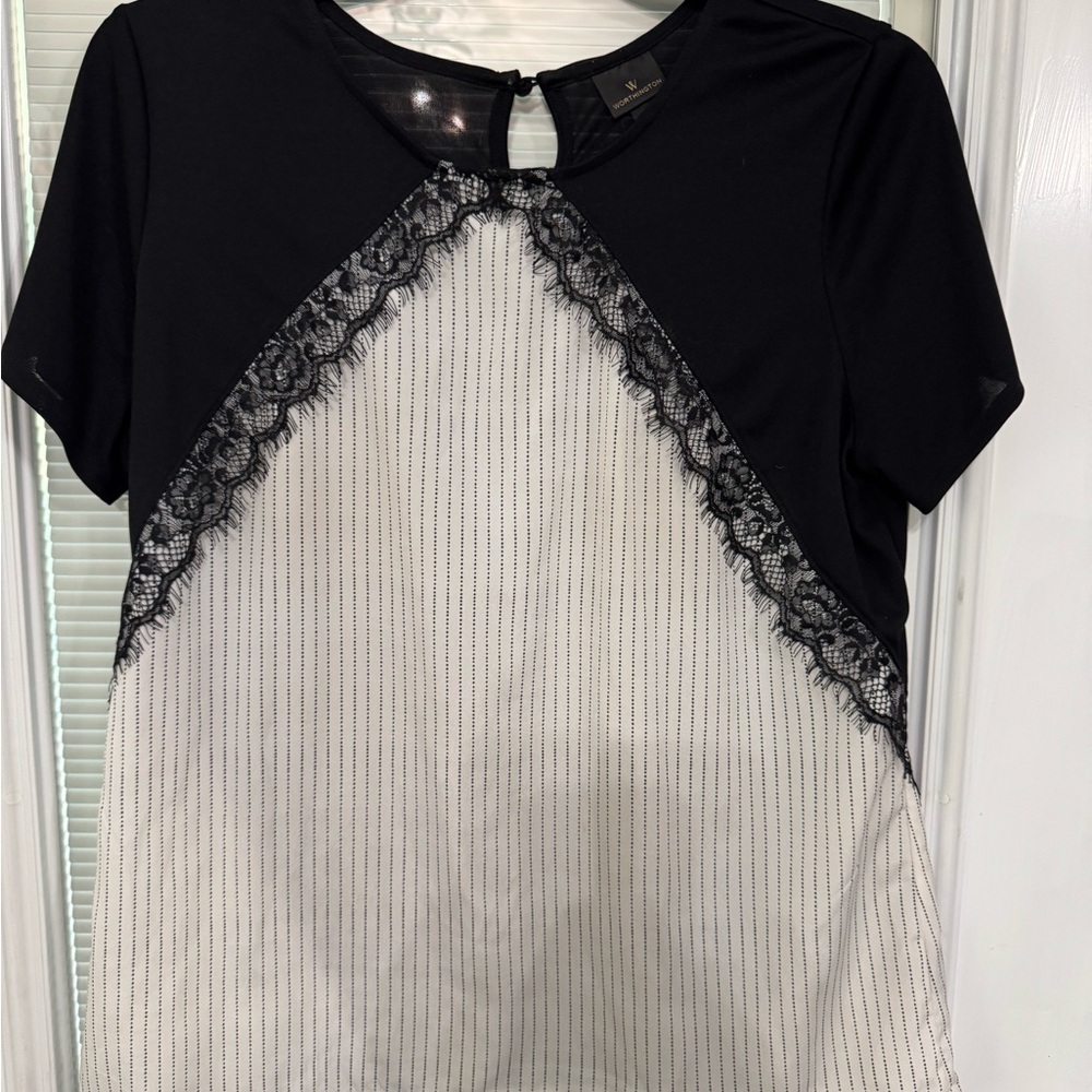 Worthington Black and White Lace-Trim Short Sleeve Blouse